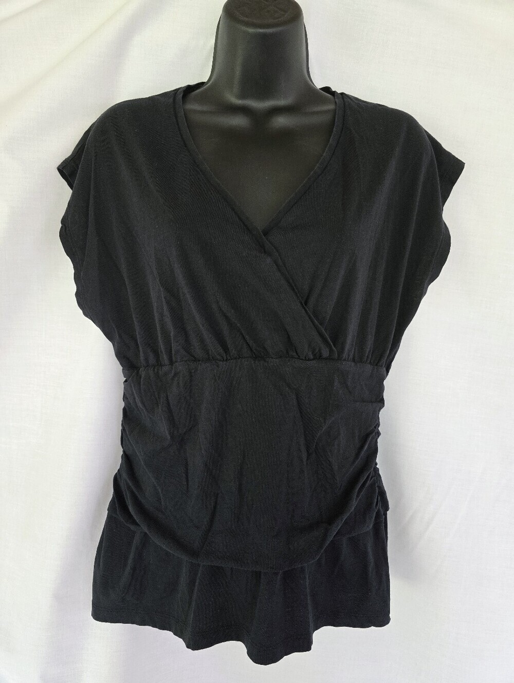 Lilla P▪️V-Neck 100% Pima Cotton Ruched Blouse  Top in Black